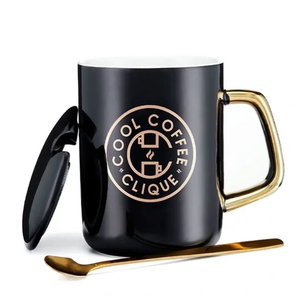 Black & gold luxe cool coffee clique mug with gold stirring spoon & lid - Picture 4 of 5